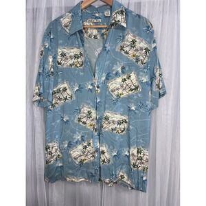 Batik Bay Mens Large Blue Rayon Tropical Palm Tree Short Sleeve Hawaiian‎ Shirt